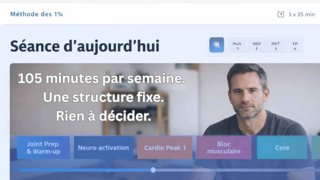 Interface de séance d’entraînement structurée montrant une méthode organisée en blocs fixes, conçue pour s’entraîner efficacement avec seulement 105 minutes par semaine.